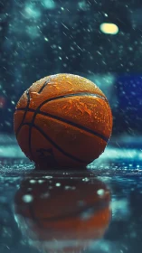 Wet basketball on reflective outdoor court in rainfall.