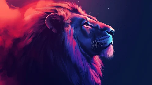 Neon lion profile in gradient lighting against dark background.