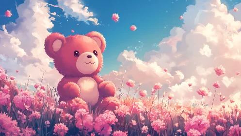 Large plush bear sits in stylized pink flower field under sky