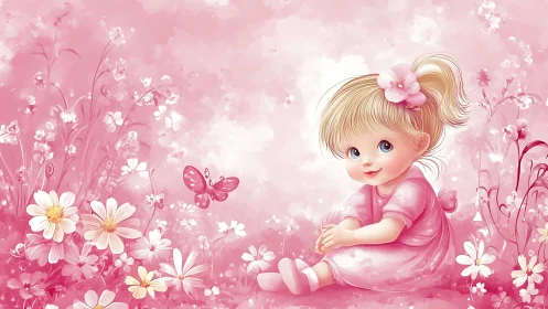 Pink meadow daydream with a shy, smiling little girl.