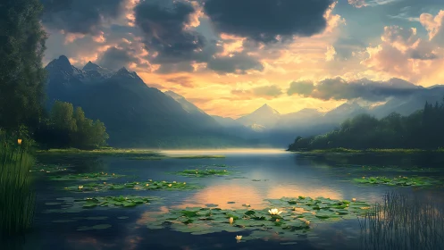 Sunlit mountain lake with lilies under glowing clouds.