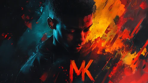 Male figure with abstract red and blue digital brushwork.