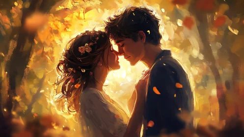 Two figures in golden light within forest setting.