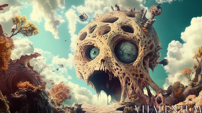 Surreal perforated skull landscape with floating rocky orbs.