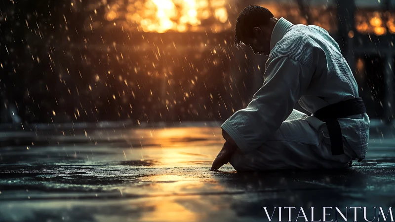 Martial artist kneels in rain, embracing quiet discipline.