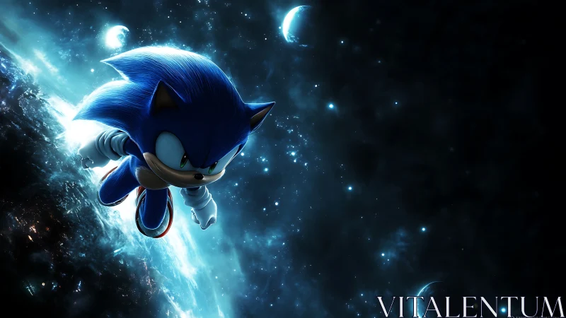 Cel-shaded blue speedster soaring through luminous cosmos field.