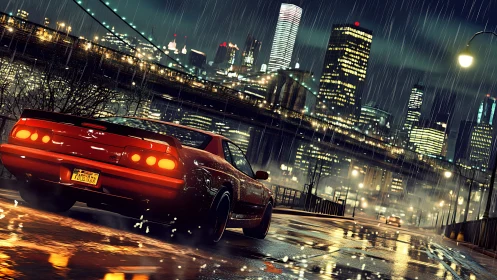 Red sports coupe on wet riverside street in neon city rain