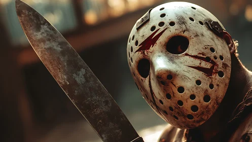 Masked slasher with bloodstained machete in dim light.