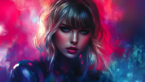 Neon-lit femme portrait in hyperreal digital painting style.