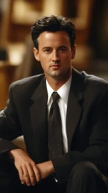 Young man in formal black suit under soft studio key lighting