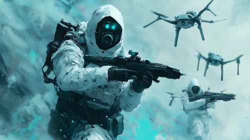 Futuristic snow scouts advance with sleek drones overhead.