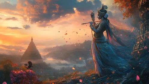 Divine figure with flute near temple at sunset landscape.