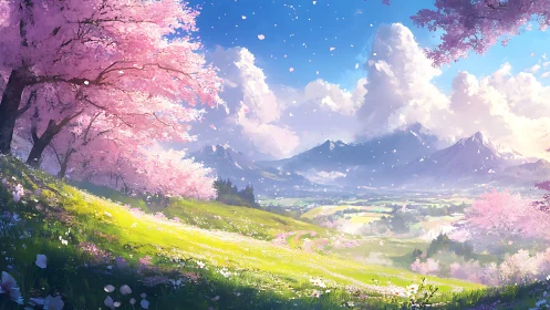 Digital landscape shows cherry trees, meadows, and mountains