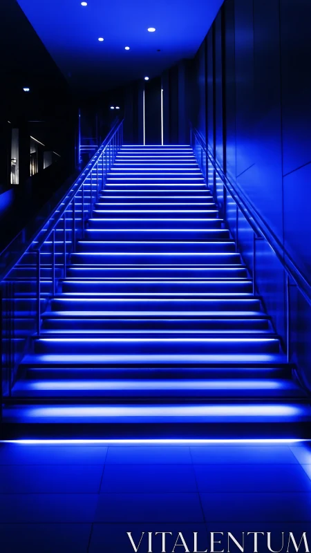 Futuristic blue LED staircase ascends into a glowing doorway