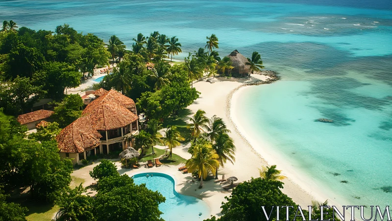 Tropical beachfront resort with thatched roof structures and turquoise water