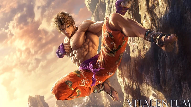 Sunset cliff brawler poised mid-leap in blazing silence.