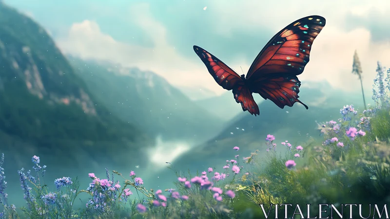 Majestic Butterfly in Vibrant Wildflower Meadow, Dreamy Nature Art.