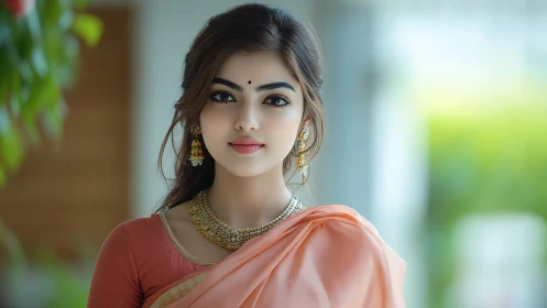 Portrait of woman in peach saree with traditional jewelry.