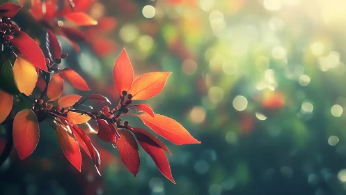 Sunlit scarlet leaves drift into a dreamy green haze