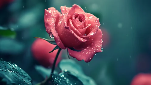 Pink Rose with Water Droplets Against Teal Background