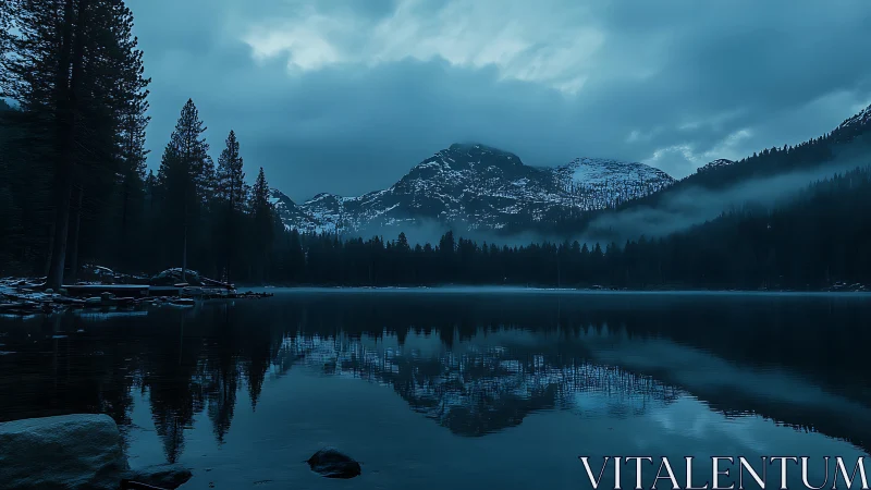 Snowcapped mountains reflect in misty blue alpine lake at dusk