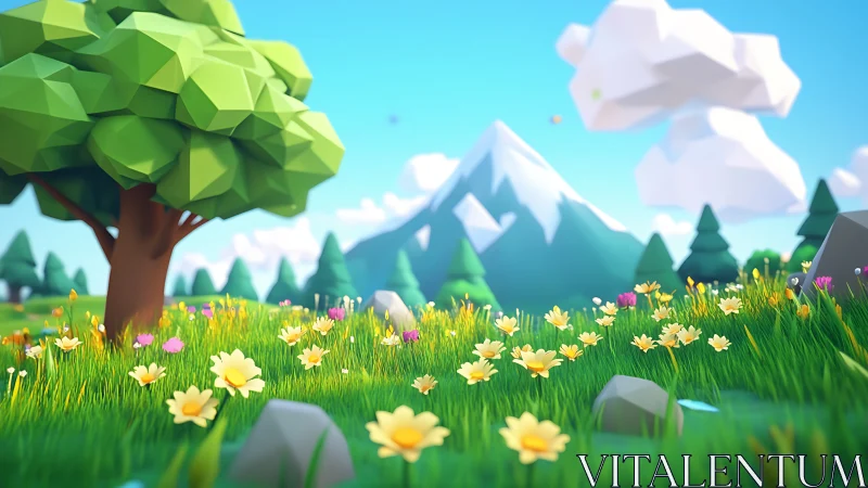 Low poly meadow landscape with tree, mountains, and clouds.