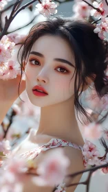 Digital portrait girl framed by soft pink cherry blossoms.