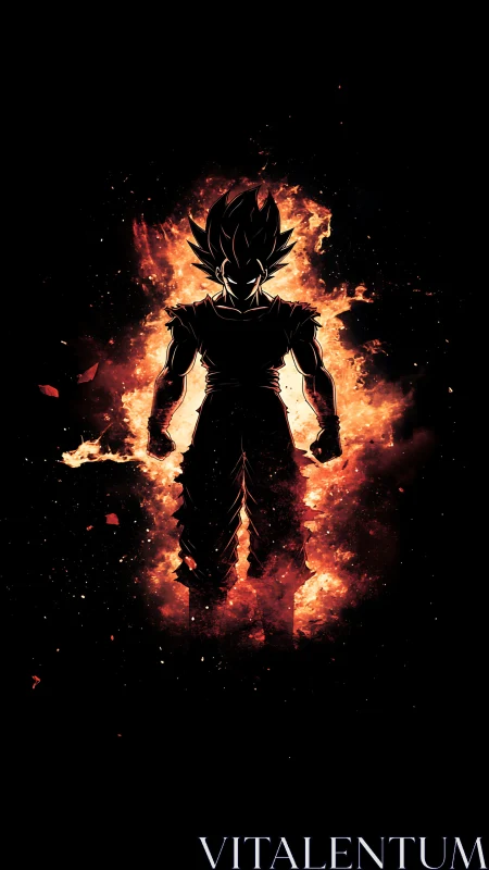 Silhouetted anime warrior stands within a blazing inferno