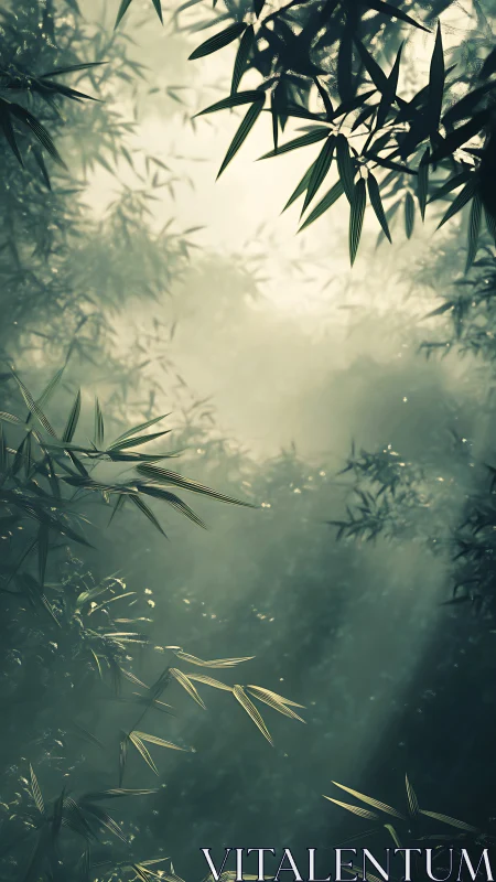 Photorealistic bamboo canopy with diffused misty backlight.