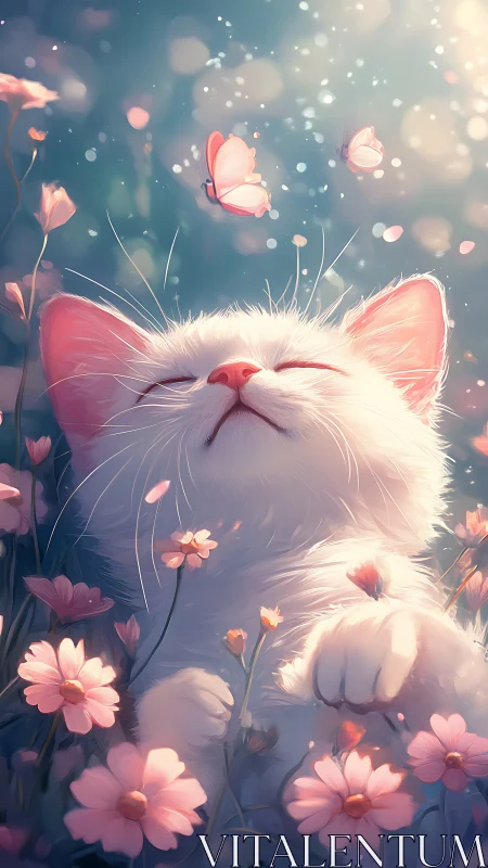 White Cat Among Flowering Plants and Butterflies