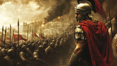 Roman-style armored commander observes advancing infantry line