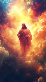 Radiant robed figure ascending through celestial nebula clouds