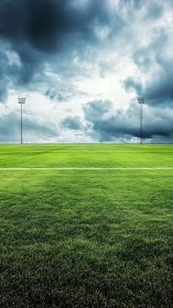 Empty stadium field under heavy storm clouds at dusk.