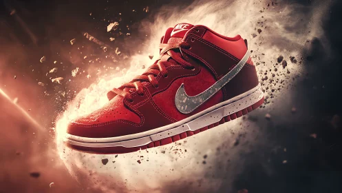 Crimson sneaker rockets through a shattering dust nebula