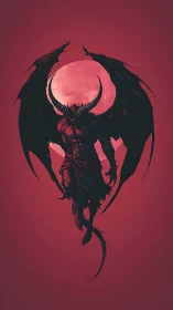 Winged horned demon silhouette against blood-red moon.