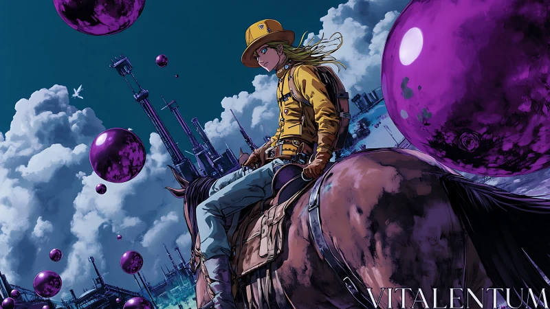 Lone rider surveys a futuristic sky of floating orbs.