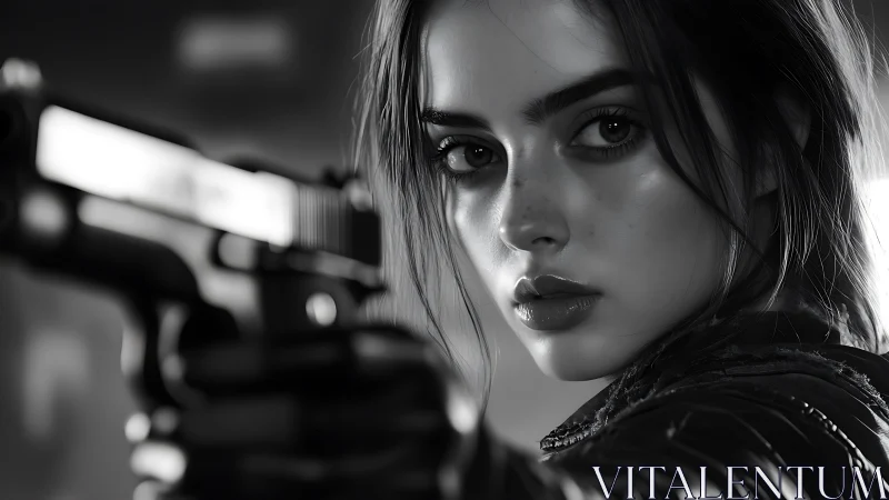 Photorealistic heroine aiming pistol in stark monochrome.