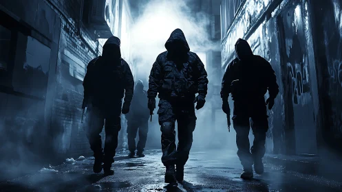 Tactical silhouettes advancing through fog-dense urban alleyway.