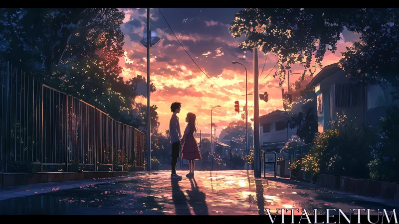 Sunset street romance unfolds in a quiet, rain-washed town