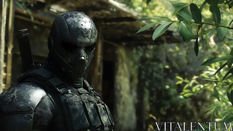 Armored tactical operative in overgrown jungle ruin.