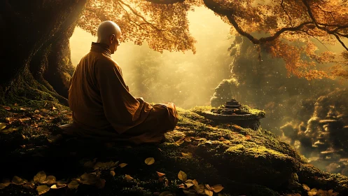 Monk in autumnal forest meditates within golden volumetric light