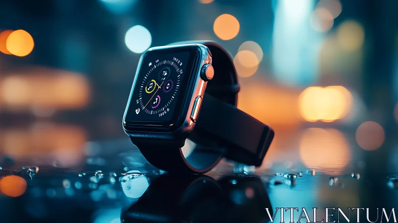 Smartwatch close-up on wet glass in neon city nightscape.