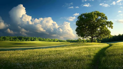 Sunlit meadow path curling toward a quiet guardian tree.