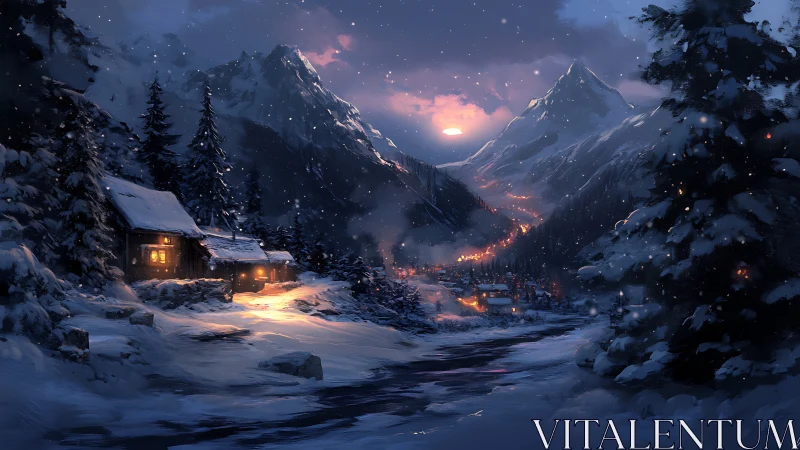 Winter valley lights under a soft, glowing mountain dusk.