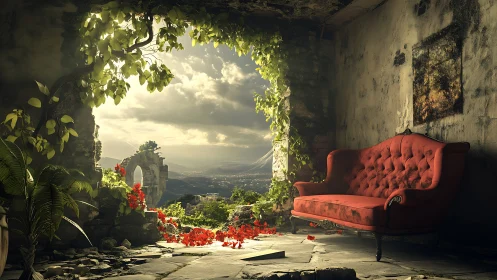 Red velvet sofa in sunlit overgrown stone ruin interior.