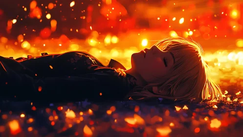 Blonde heroine resting in glowing embers of twilight fire.