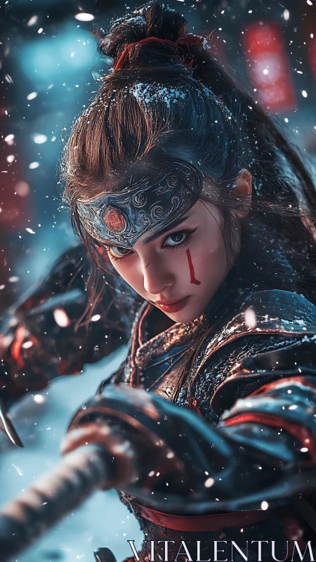 Fierce winter warrior poised in swirling snow and steel.