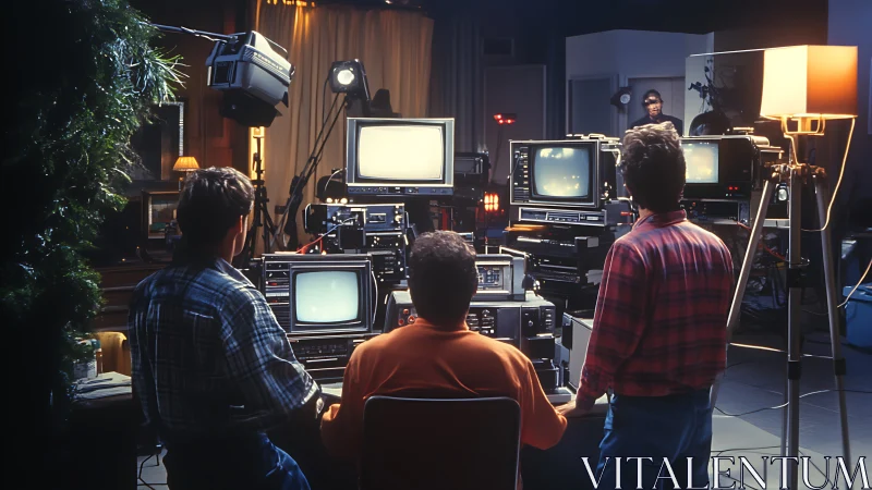 Three technicians monitor multiple retro video workstations