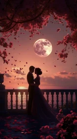 Silhouetted Couple Beneath Celestial Moon and Falling Petals.