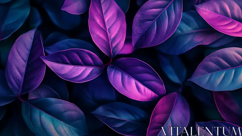 Neon-tinted leaves glow in luminous purple twilight tones.